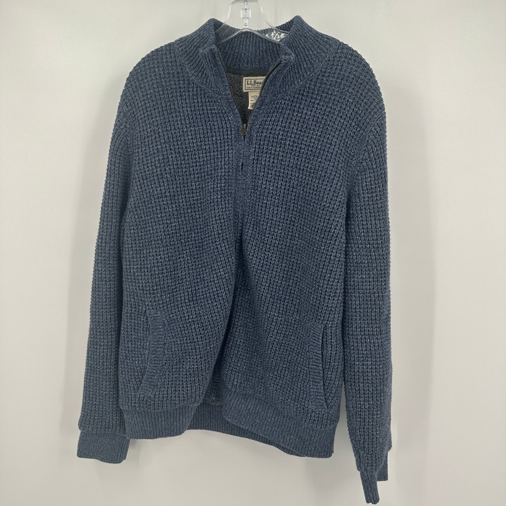 LL Bean Men Classic Waffle Knit Sweater Sz L Organic Cotton Heavy Zip Blue Thick